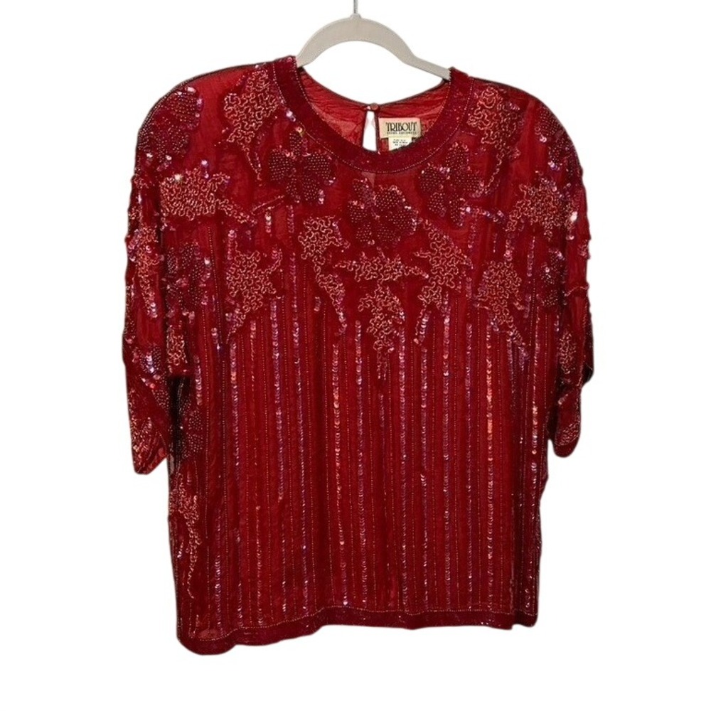 Tribout Young Designers Women's SS Blouse Large‎ Cherry Red Pure Silk Beaded